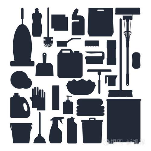 设置房屋清洁工具,洗涤剂和消毒剂产品,洗涤用家用设备. 平面矢量图示